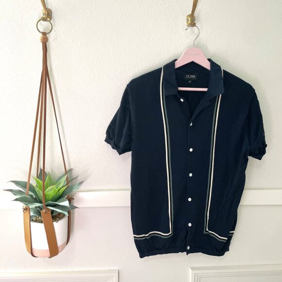 The Tie Bar Full Placket Border Stripe Navy Blue Short Sleeve Polo Size M - Picture 2 of 5